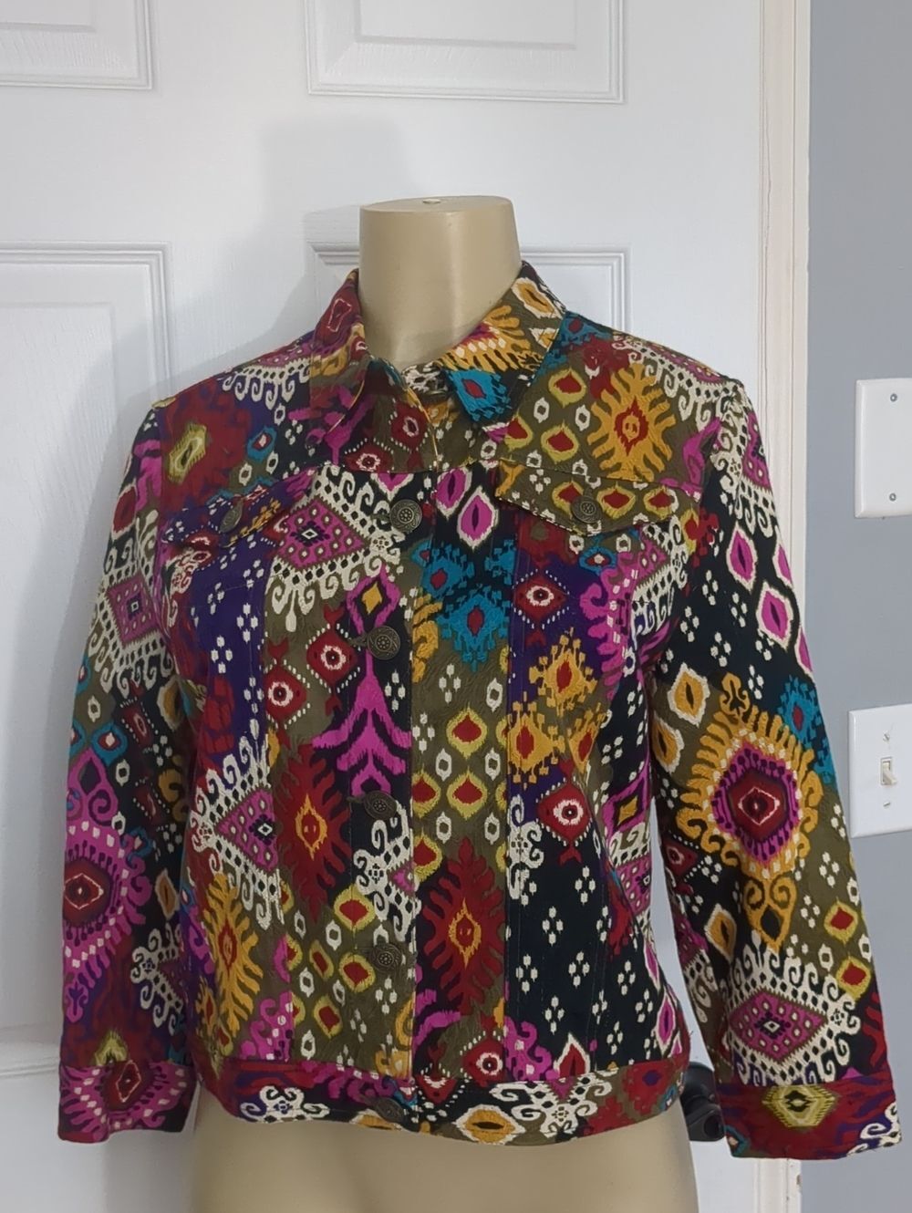 Ruby Rd. Women's Vintage Multicolor Ikat Tapestry Print Button-Up Jacket, 12P